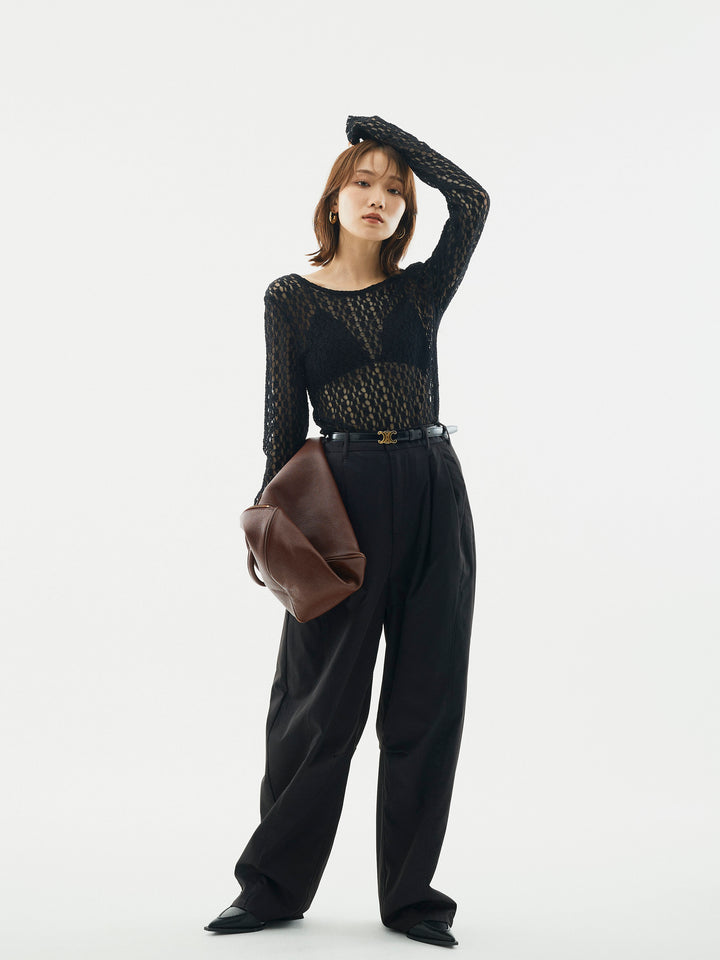 【Allure】[SET]バックラウンドレーストップス+タフタワイドカーブパンツ(2set)