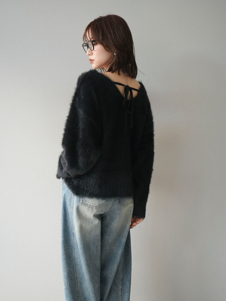 [予約]バックリボンVネックシャギーニットプルオーバー/black