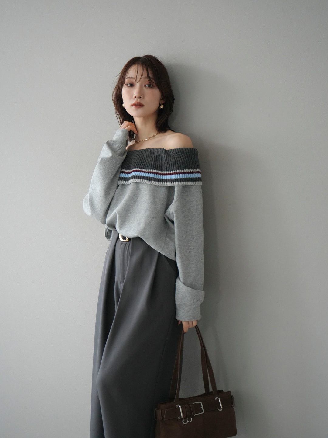 [予約]ボーダーニットオフショルダーxスウェットプルオーバー/gray