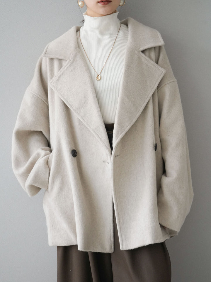 [SET]フェイクビーバーミドルコート+袖ボタンハイネックリブニットトップス+ベルト付ウールタッチワイドパンツL(3set)