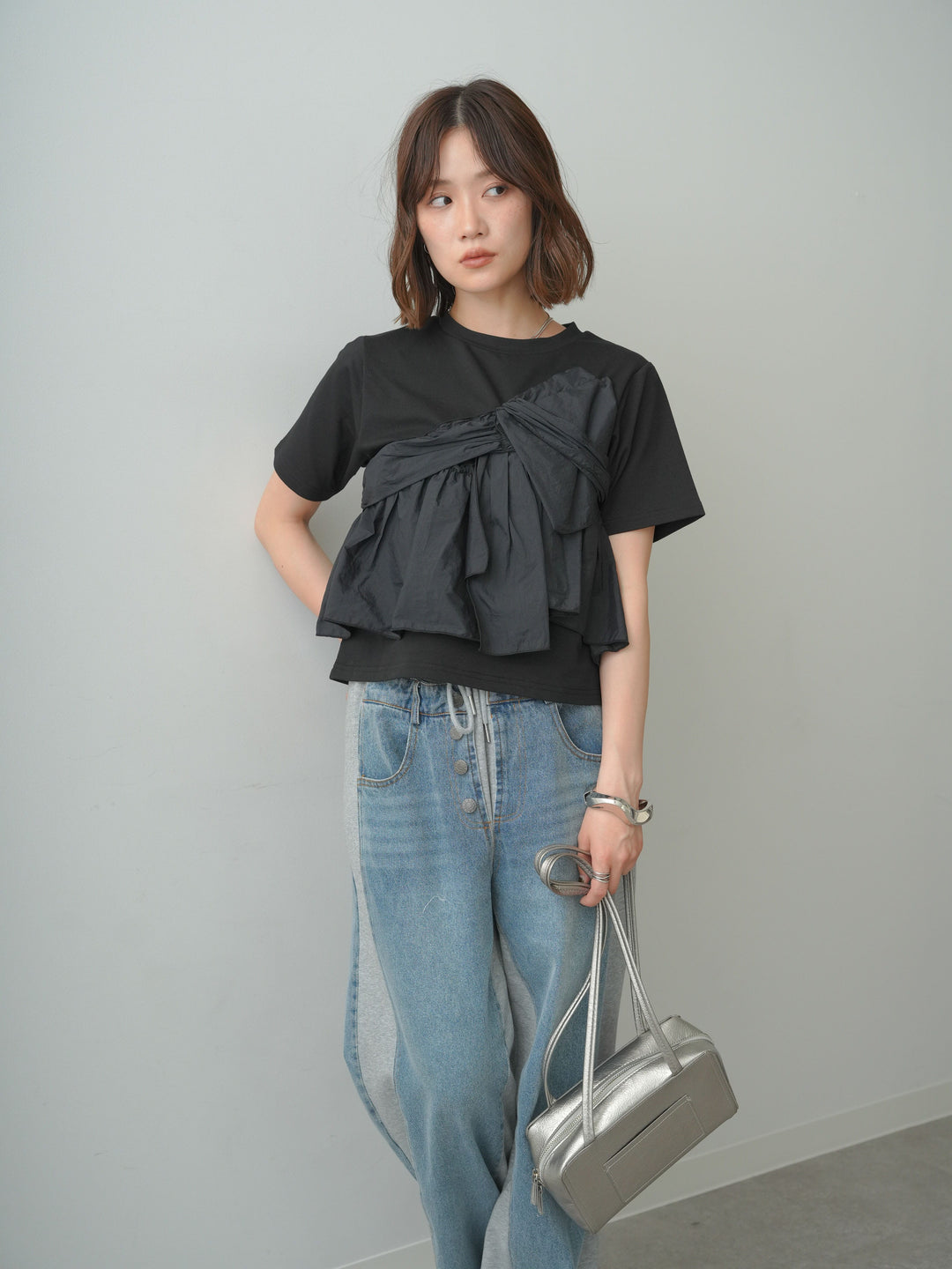 [SET]ナイロンドッキングツイストTEE +デニム切替スウェットパンツ(2set)