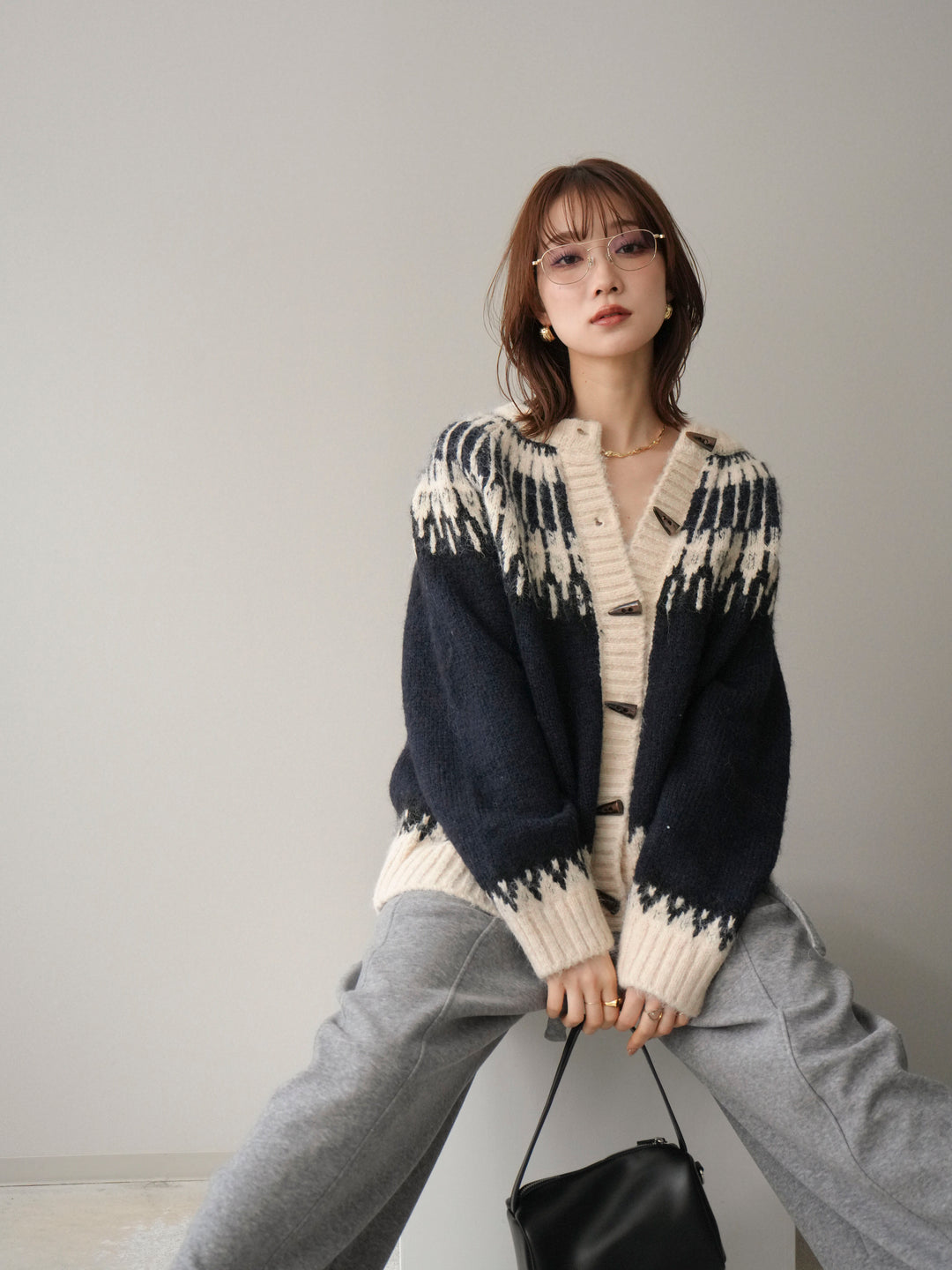 [予約]トグルボタン求心柄ニットカーディガン/blue