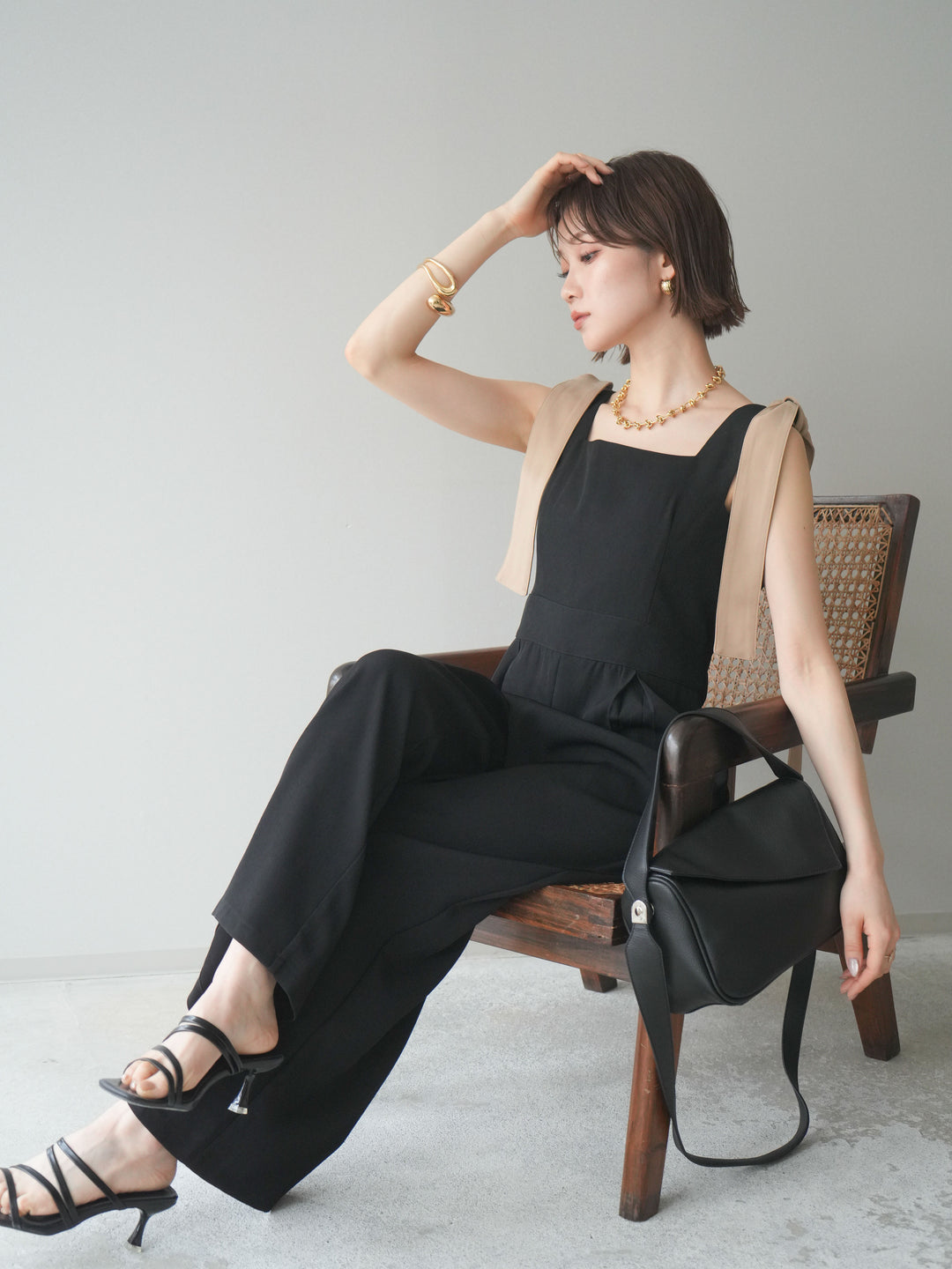 [予約]ショルダーリボンサロペット/black