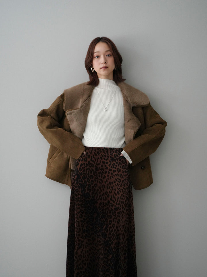 [SET]ムートンショートジャケット+袖ボタンボトルネックリブニットトップス(2set)