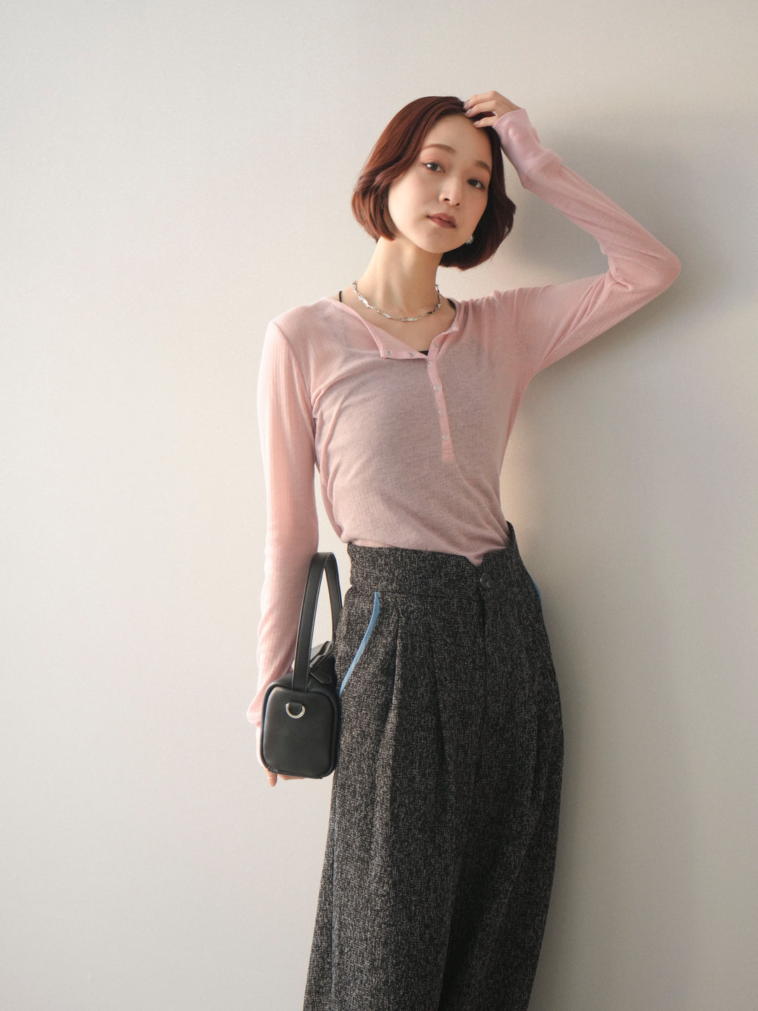 [予約]シアーリブヘンリーネックロンT/pink