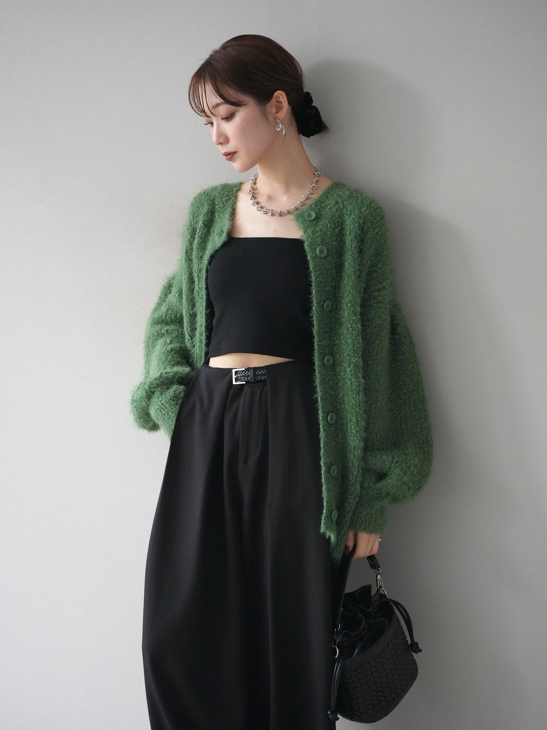 [SET]クルーネックランダムシャギーカーディガン+ベルトループデザインワイドパンツ(2set)