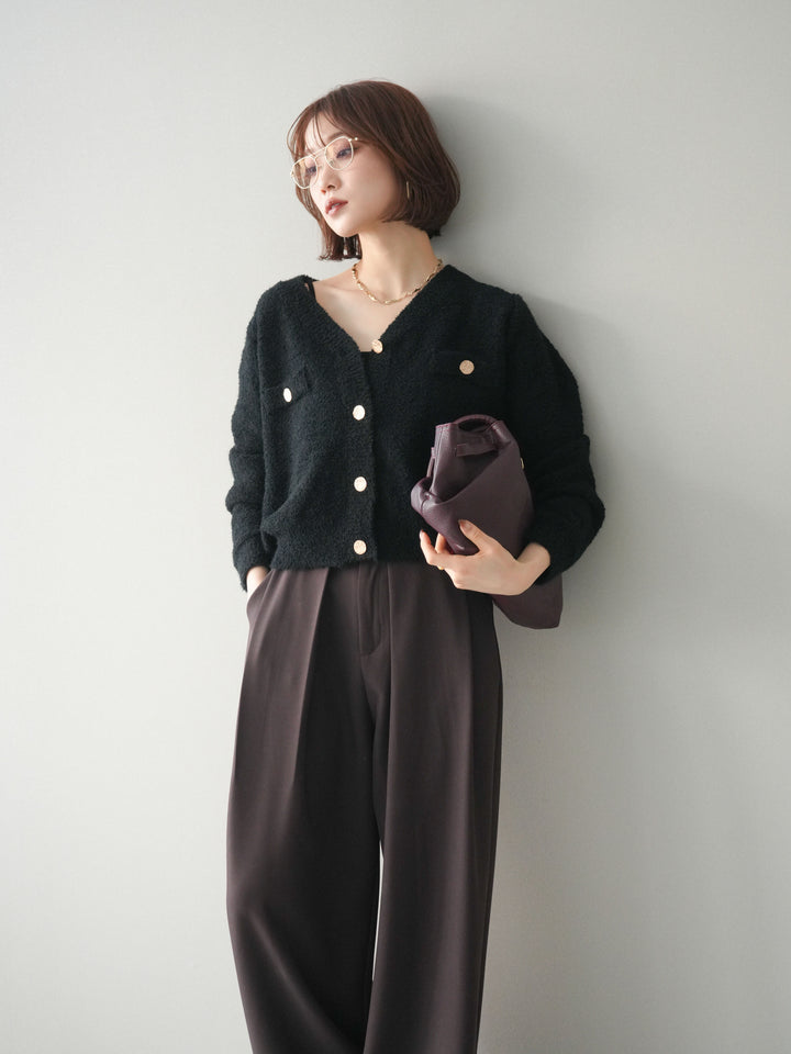 [SET]ゴールドボタンモールニットカーディガン+ベルトループデザインワイドパンツ(2set)