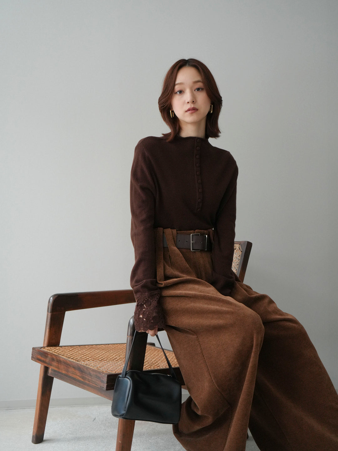 [SET]袖スカラップレースフロントボタンウールニットトップス+ベルトデザインループコールテンワイドパンツ(ベルト付き)(2set)