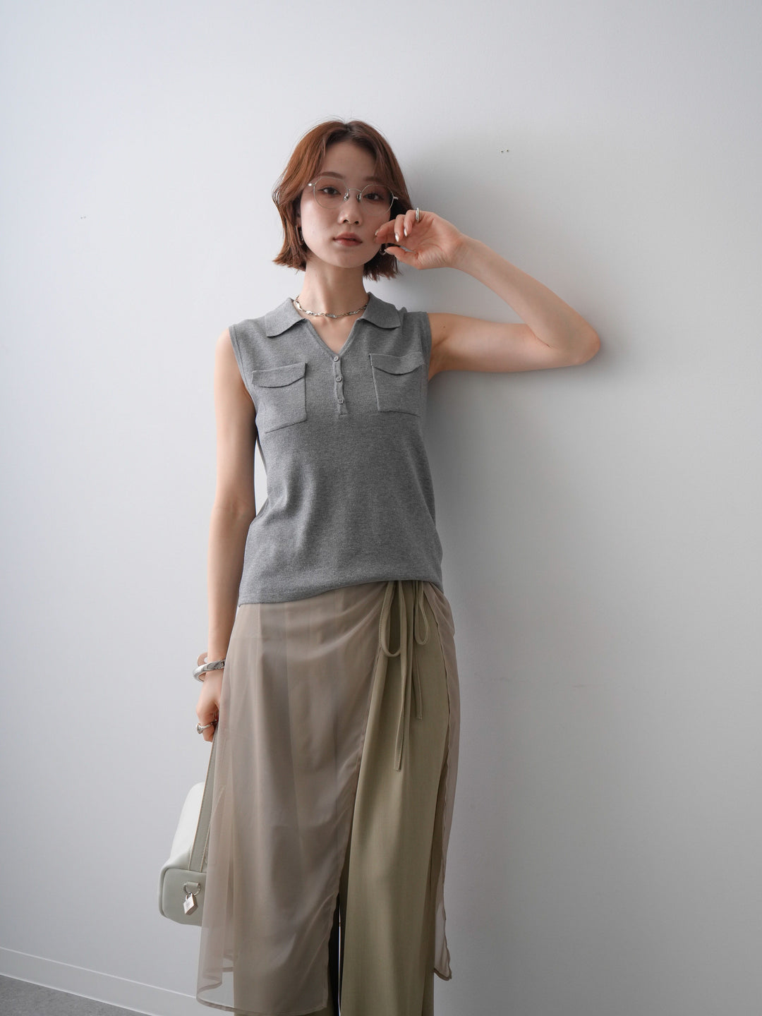[予約]ポロWポケットノースリトップス/gray
