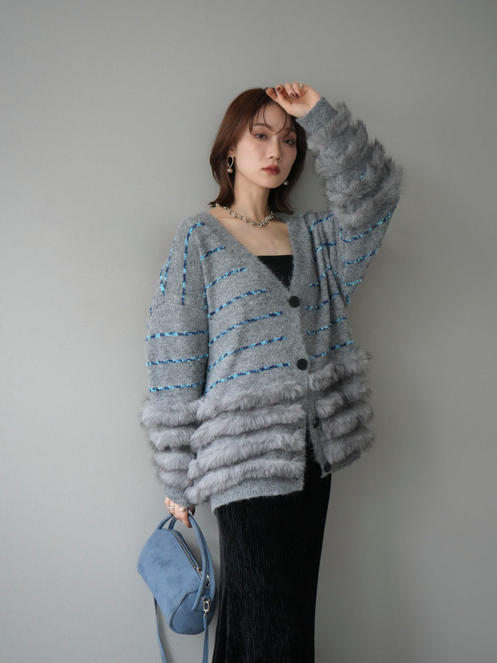 [SET]フェザーライン配色シャギーニットカーディガン+ベロアプリーツナロースカート(2set)