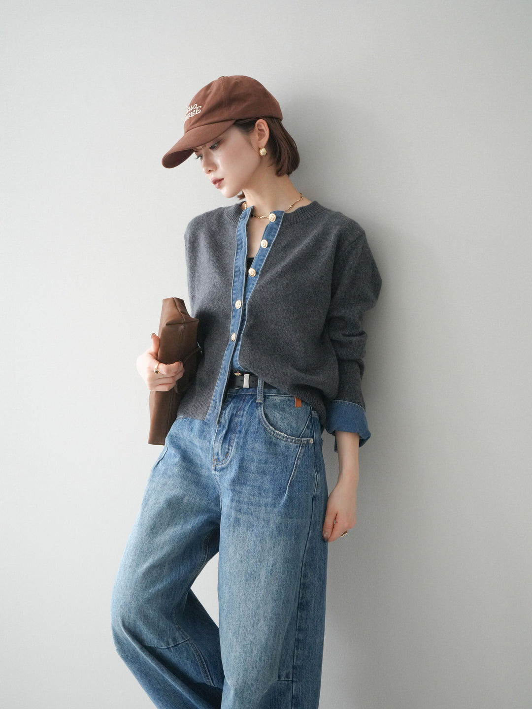 [SET]クルーネックデニムドッキングニットカーディガン+選べるアクセセット(2set)