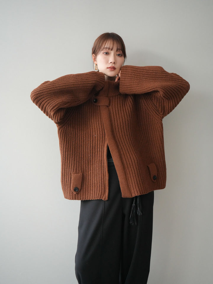 [SET]畦編みボトルネックZIPニットカーディガン+選べるアクセセット(2set)