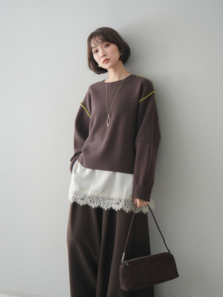 [予約]バックロゴ刺繍配色ステッチニットプルオーバー/brown