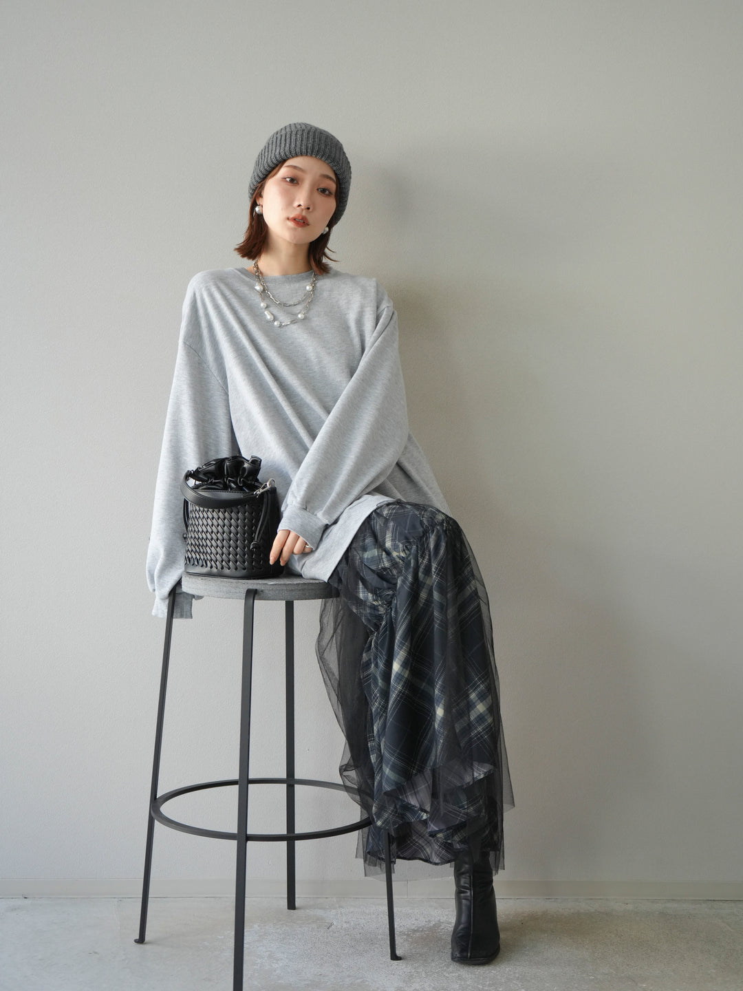 [予約]スウェットドッキングチェック柄レイヤードワンピース/グレー