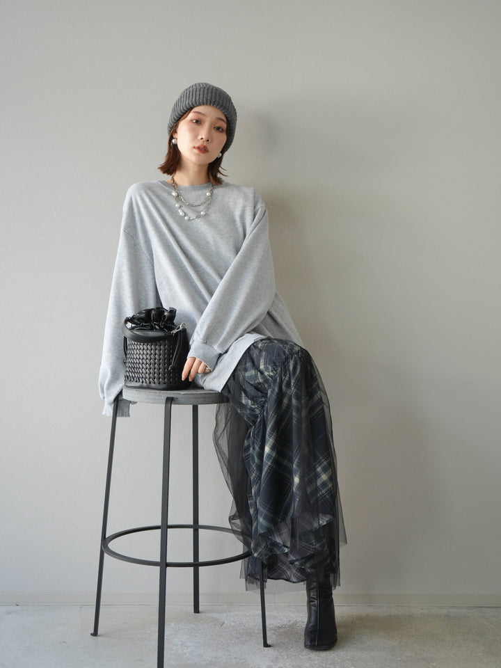 [予約]スウェットドッキングチェック柄レイヤードワンピース/グレー