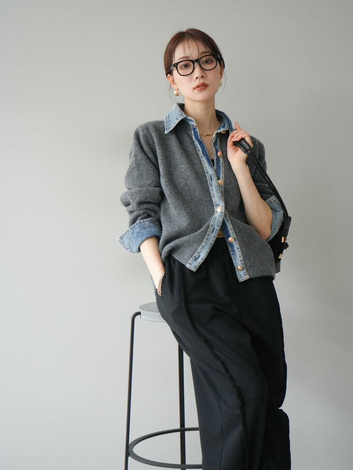 【着回しセット】[SET]デニム襟ボタンニットカーディガン+デニム襟ボタンニットカーディガン+2WAYデザインスウェットパンツ(3set)