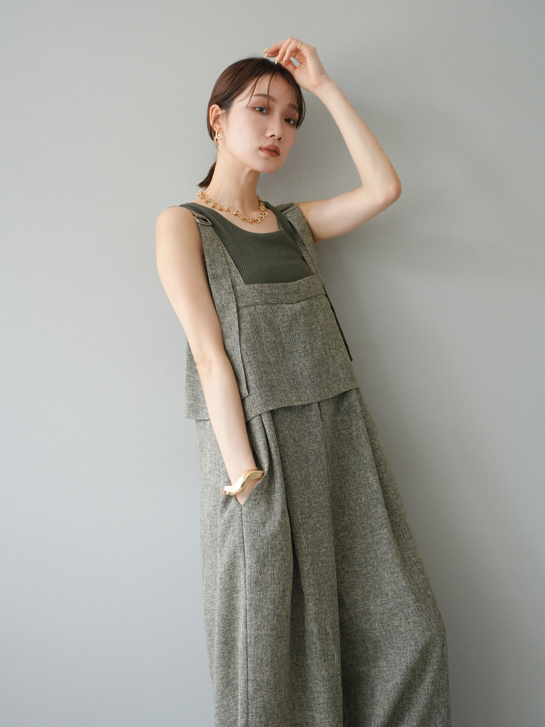 [予約]サマーツイードケープサロペット/ブラウン