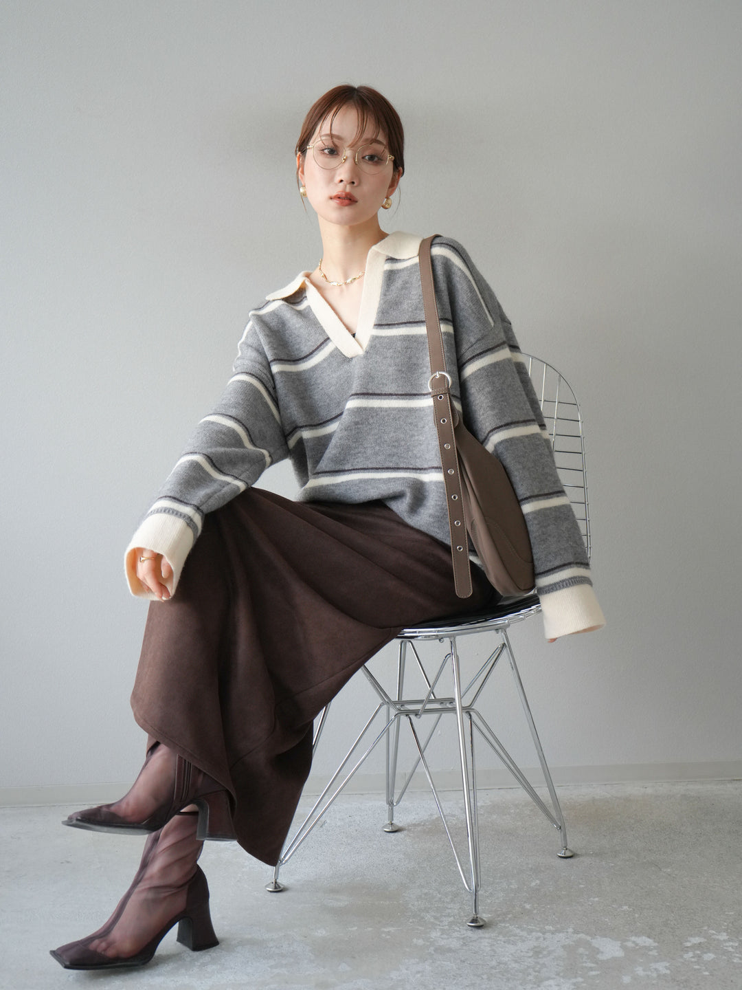 [SET]ポロ襟スキッパーボーダーニットプルオーバー+スウェードIラインスカート(2set)