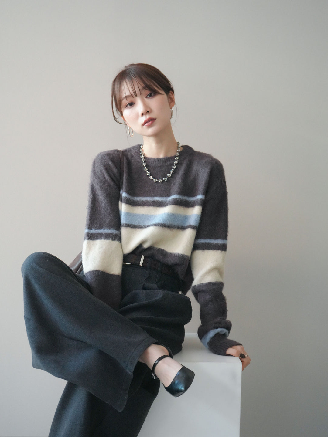 [予約]ソフトタッチボーダークロップドニットプルオーバー/brown