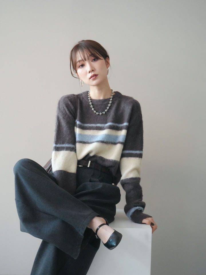 [予約]ソフトタッチボーダークロップドニットプルオーバー/brown