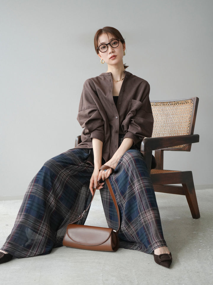 [SET]スエードバンドカラーオーバーシャツ+シアーチェックバギーパンツ(2set)