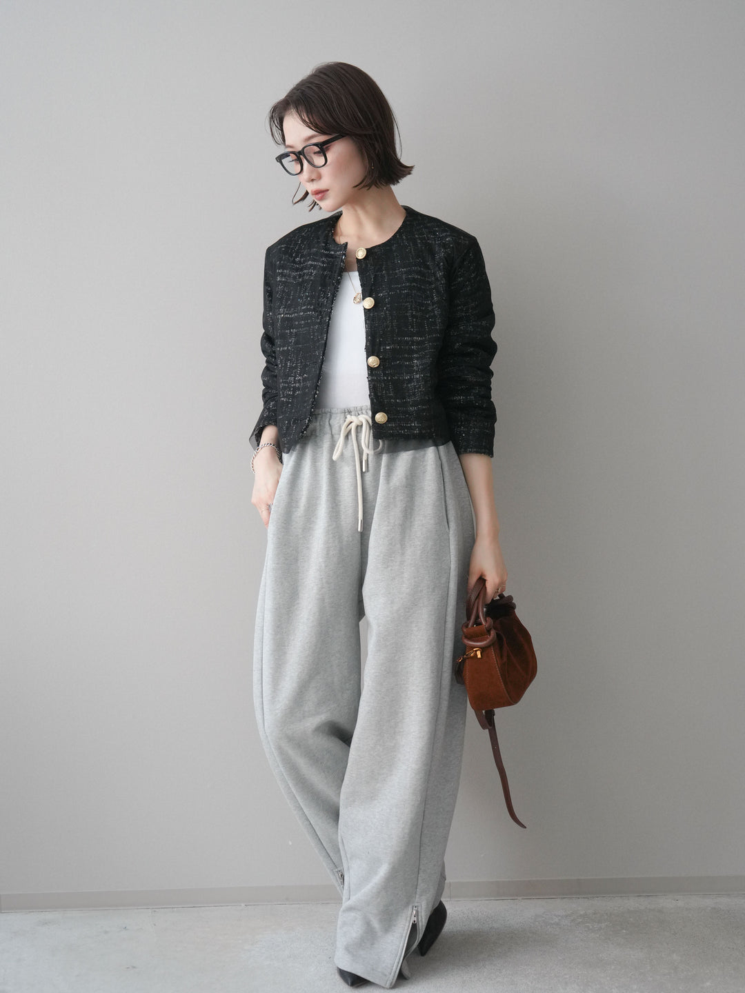 [SET]チュールレイヤードツイードクロップドジャケット+裾ZIPスエットワイドパンツ(2set)