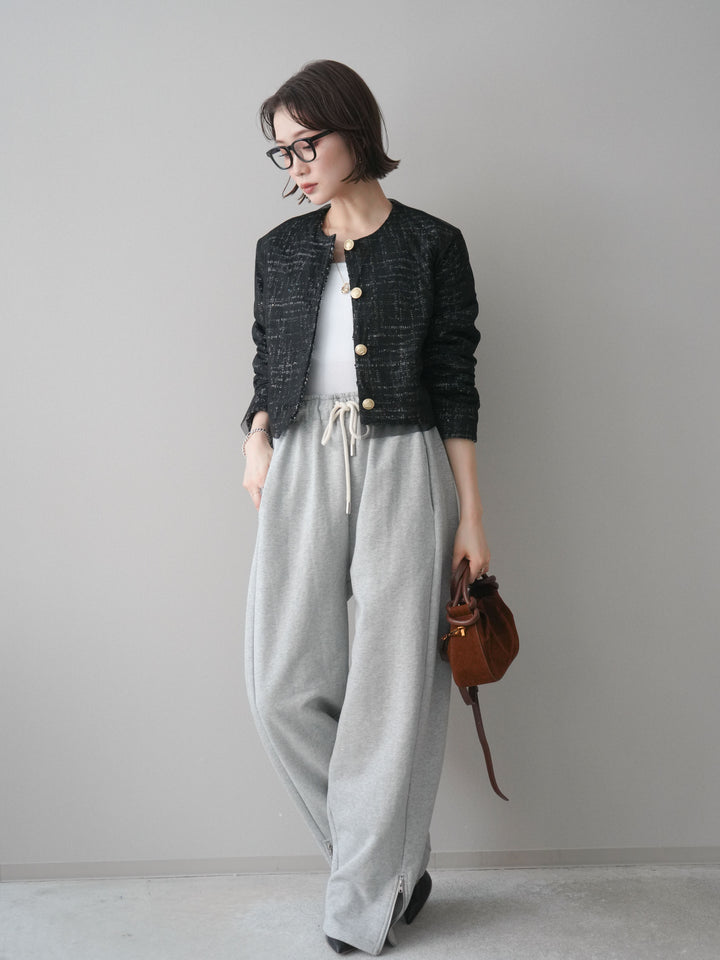 [SET]チュールレイヤードツイードクロップドジャケット+裾ZIPスエットワイドパンツ(2set)