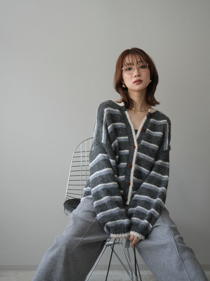 [予約]ウールタッチ配色ボーダーニットカーディガン/gray