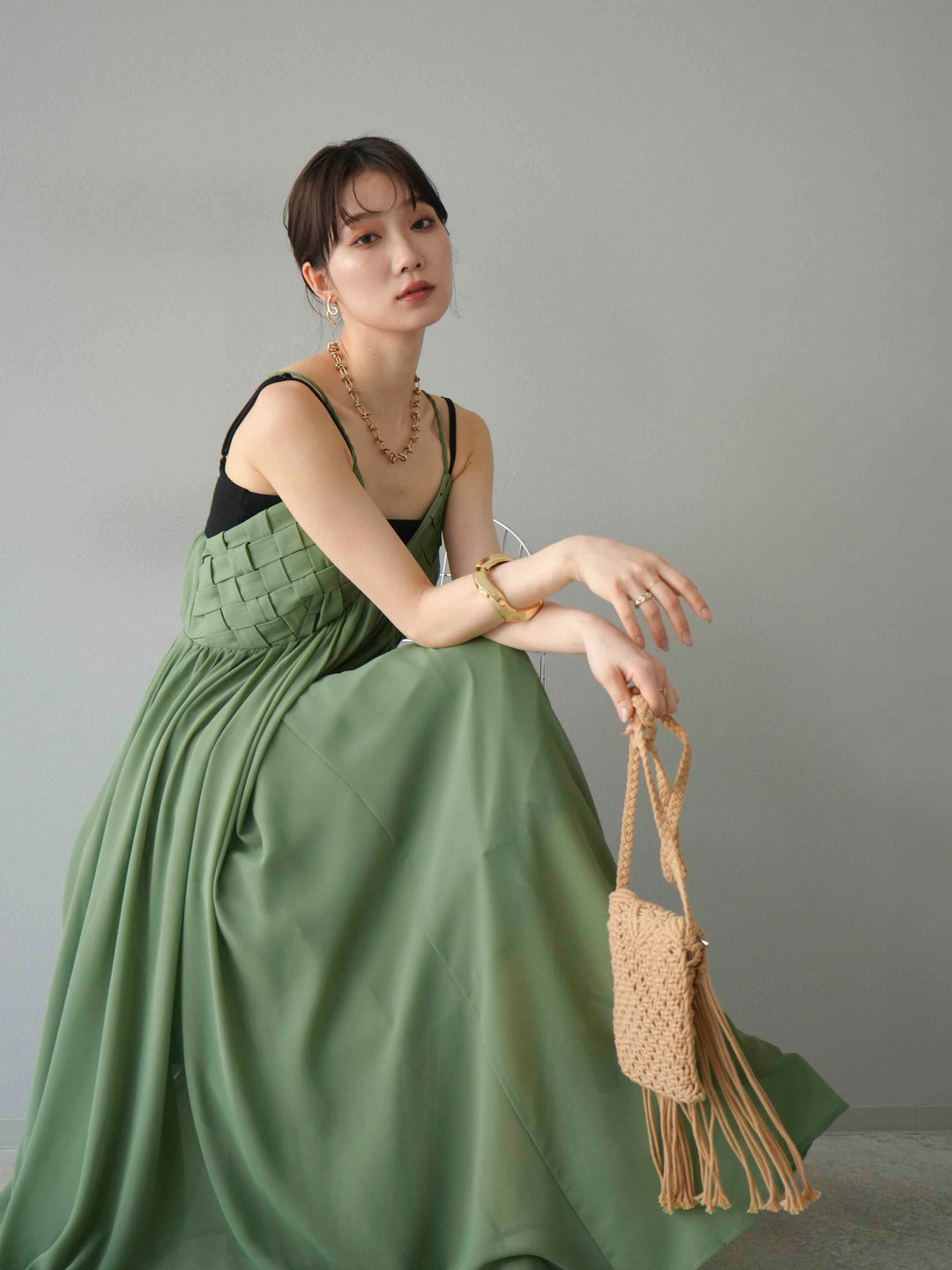 [予約]編み込みデザインシフォンワンピース/グリーン