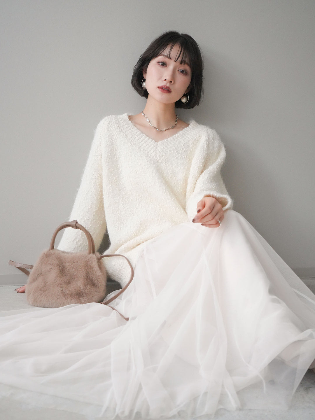 [SET]Vネックスラブニットプルオーバー+選べるアクセセット(2set)