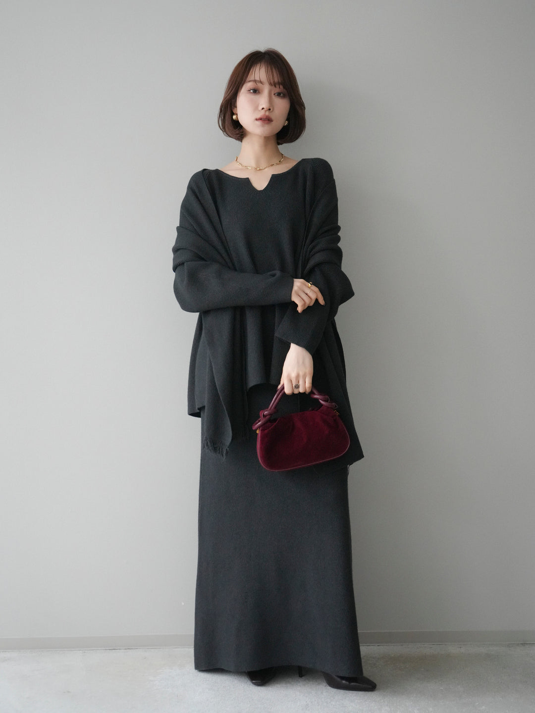 [SET]ストール付キーネックニットSET UP