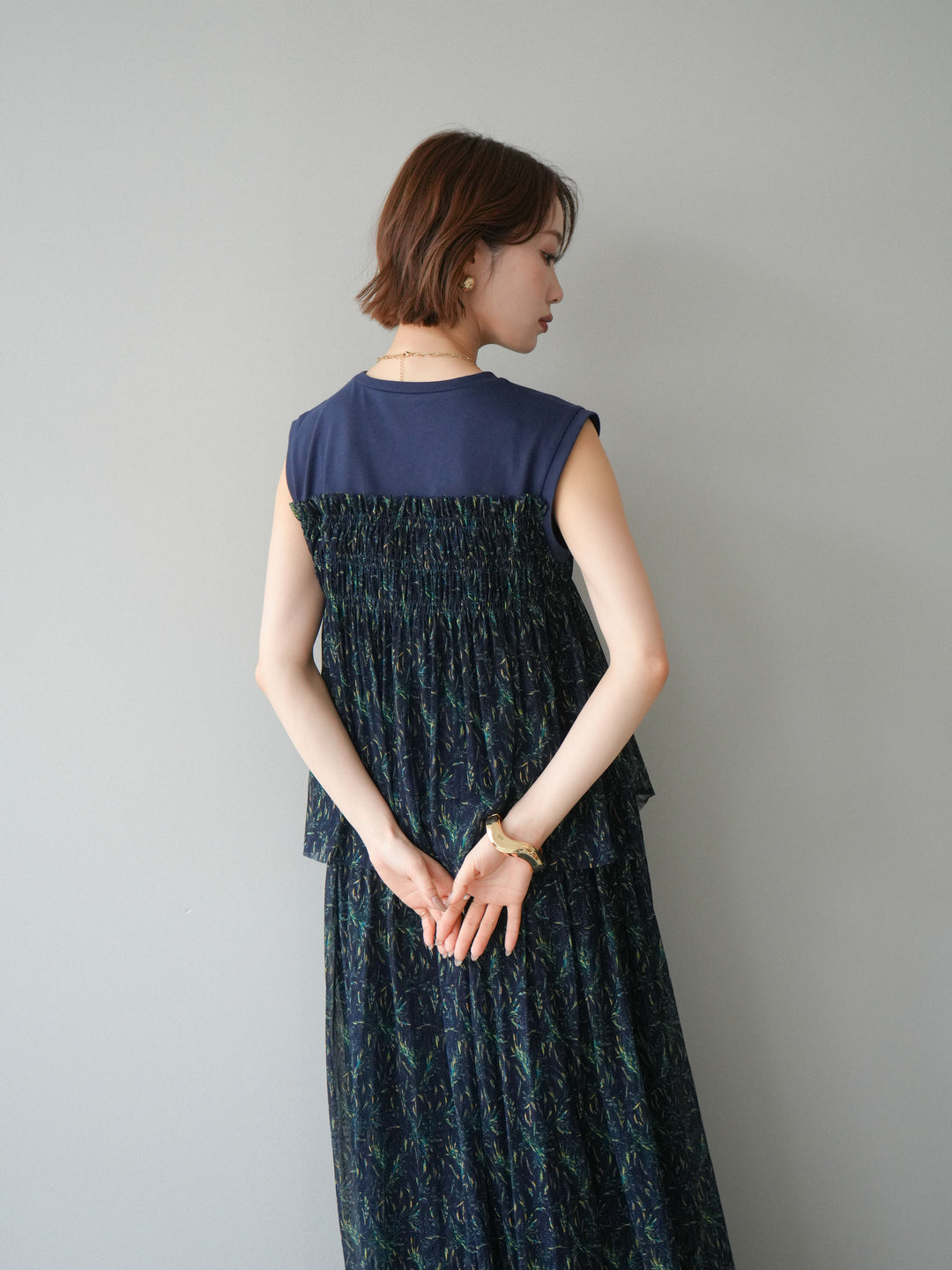 [予約]チュールプリントノースリーブトップス/navy