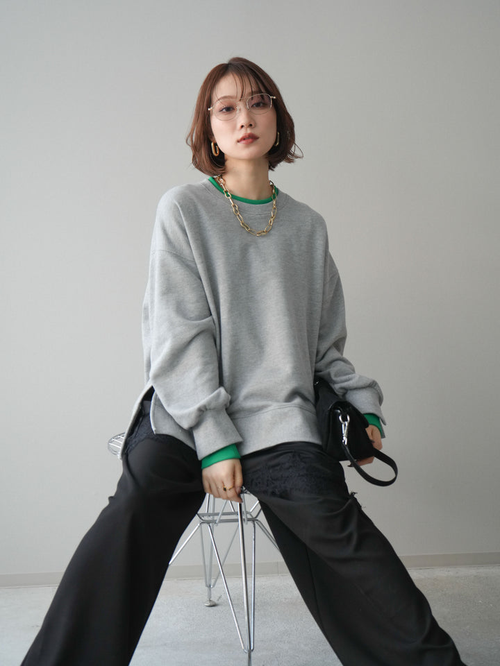 [SET]配色レイヤードデザインスエットプルオーバー+アシンメトリーサテンレースキャミソール(2set)