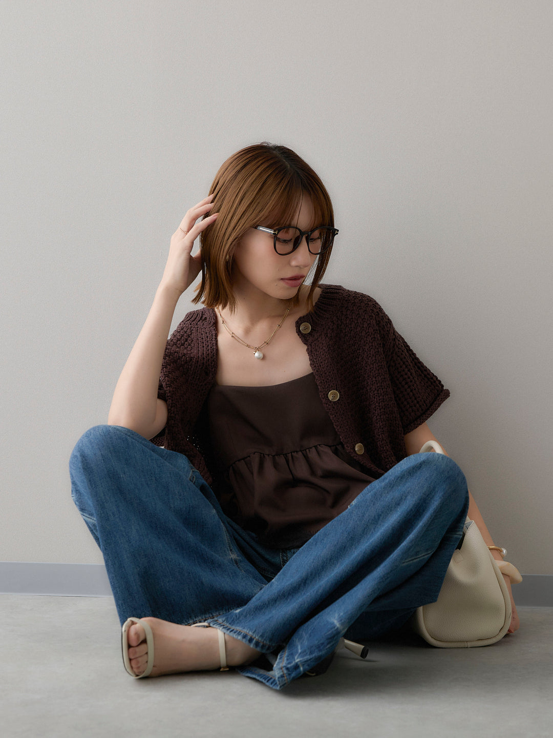 [予約]ローゲージハーフニットカーディガン/brown