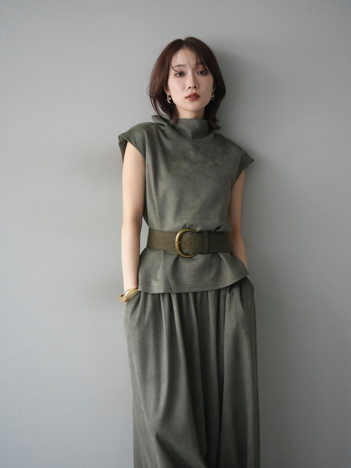 [SET]ベルト付スエードハイネックプルオーバー＆ワイドパンツSET UP