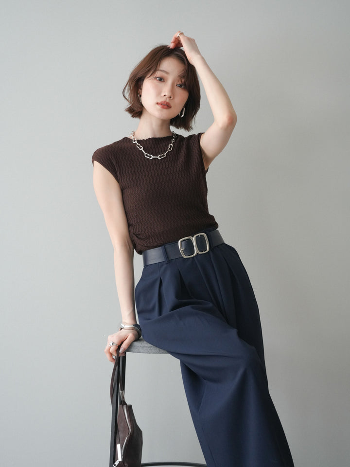 [予約]サイドシャーリングボトルネックノースリーブニットプルオーバー/brown