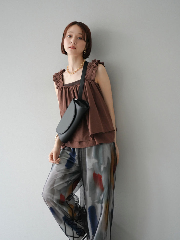 [SET] 縮肩喇叭背心 + 水彩藝術休閒褲 + 繩繡薄紗疊穿褲 (3 件套)