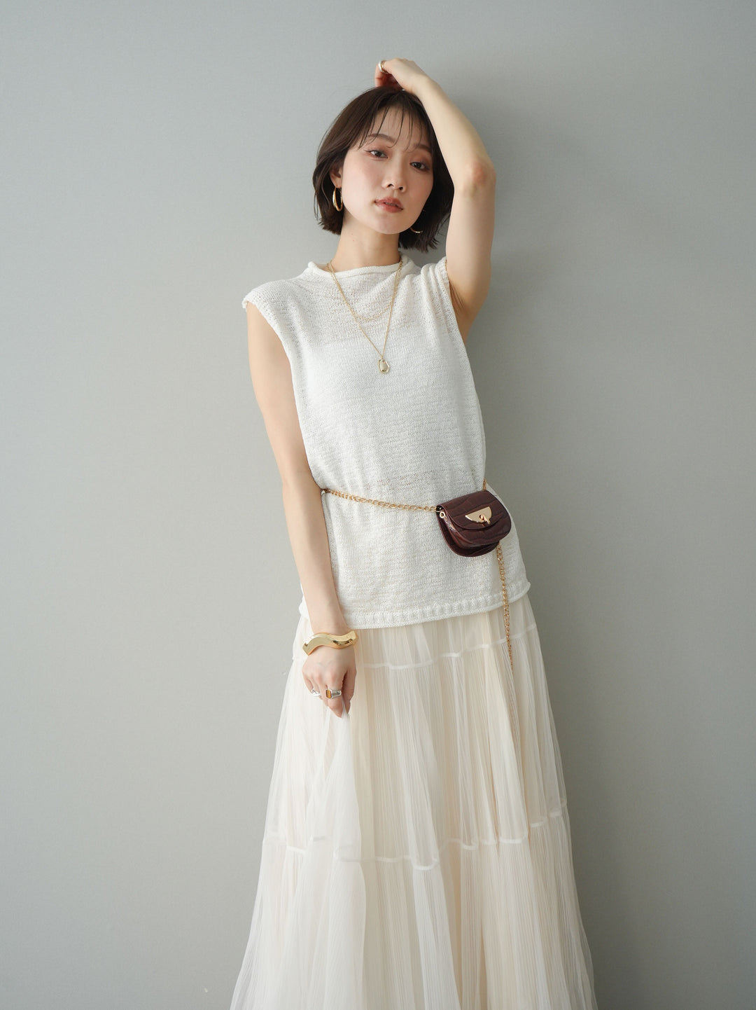 [予約]ノースリーブリネンタッチシアーニットプルオーバー/white