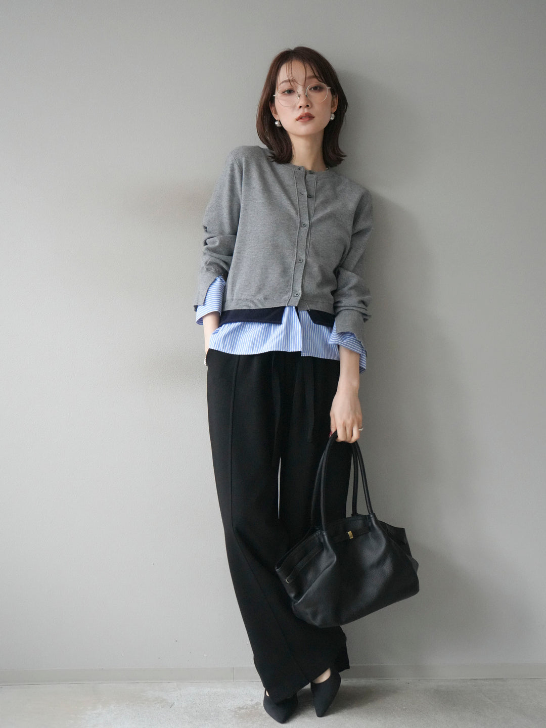 [SET]シャツ襟レイヤードニットカーディガン+ベルト付スウェットワイドパンツ(2set)