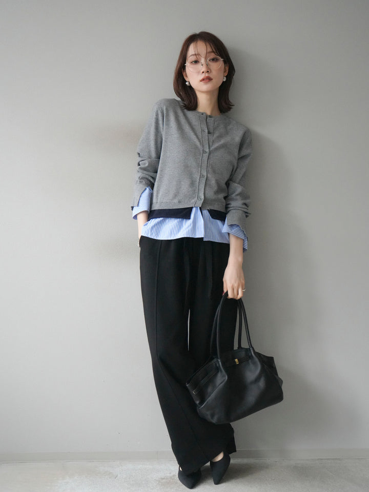 [SET]シャツ襟レイヤードニットカーディガン+ベルト付スウェットワイドパンツ(2set)