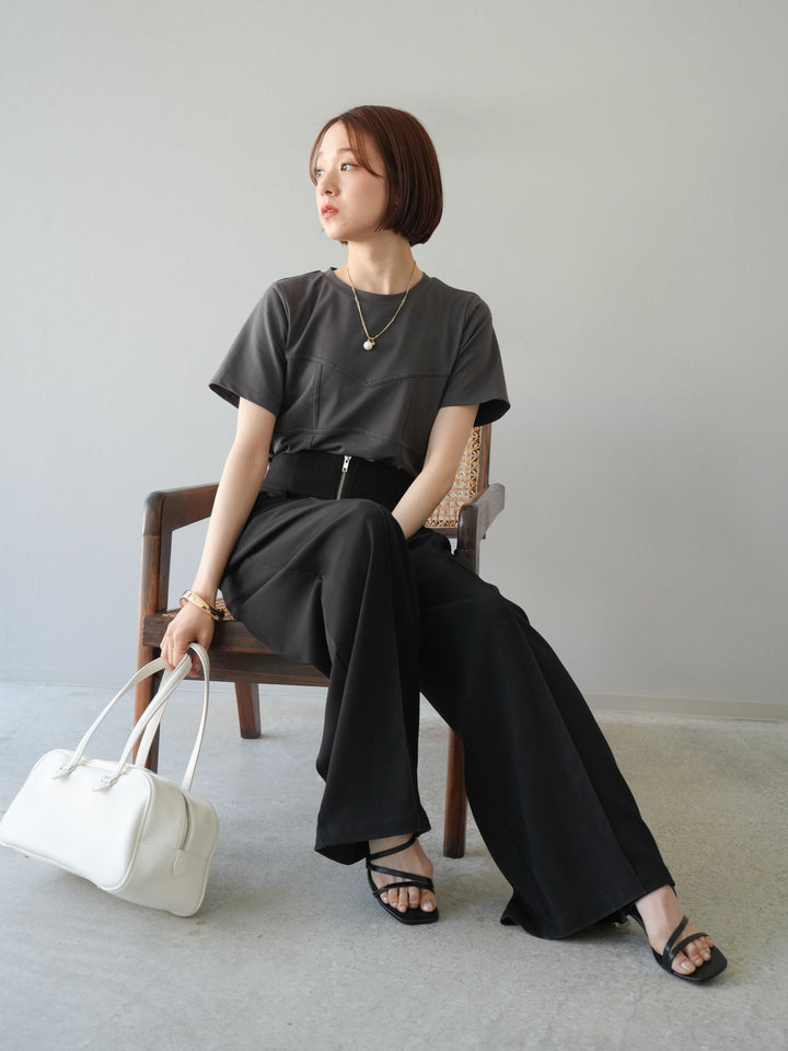 [SET]ビスチェデザインTシャツ+ジップタックワイドパンツ(2set)