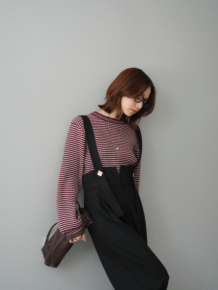 [SET]ラメ異素材ボーダーリブニットプルオーバー+ゴールドボタンサスペンダーワイドパンツ(2set)