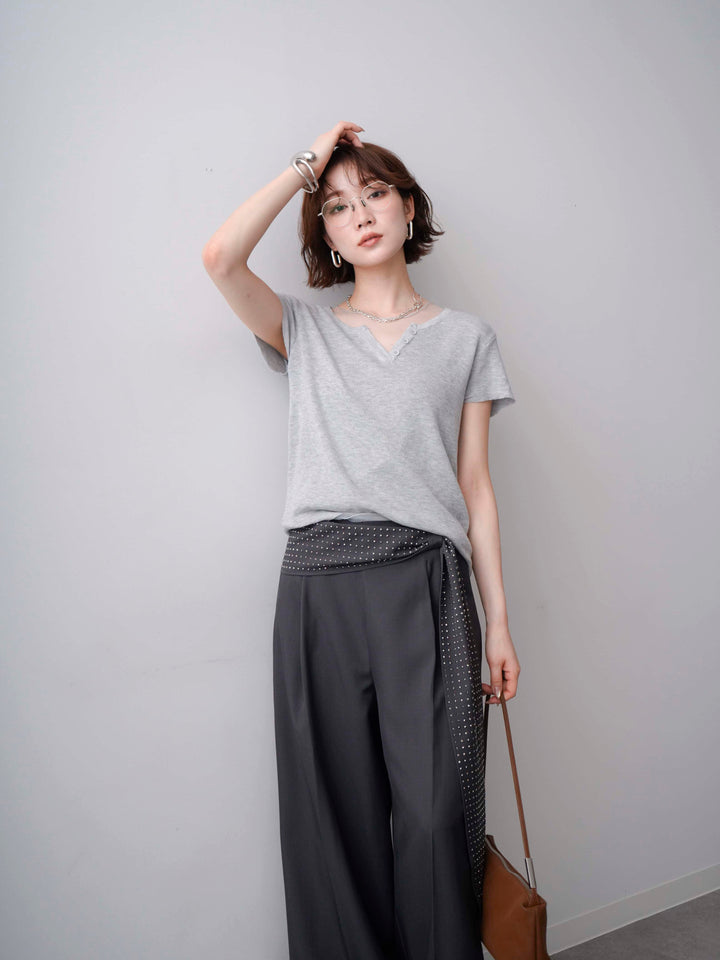 [SET]チュールレーヤードヘンリーフレンチニットトップス+ビジューベルトタックワイドパンツ(2set)