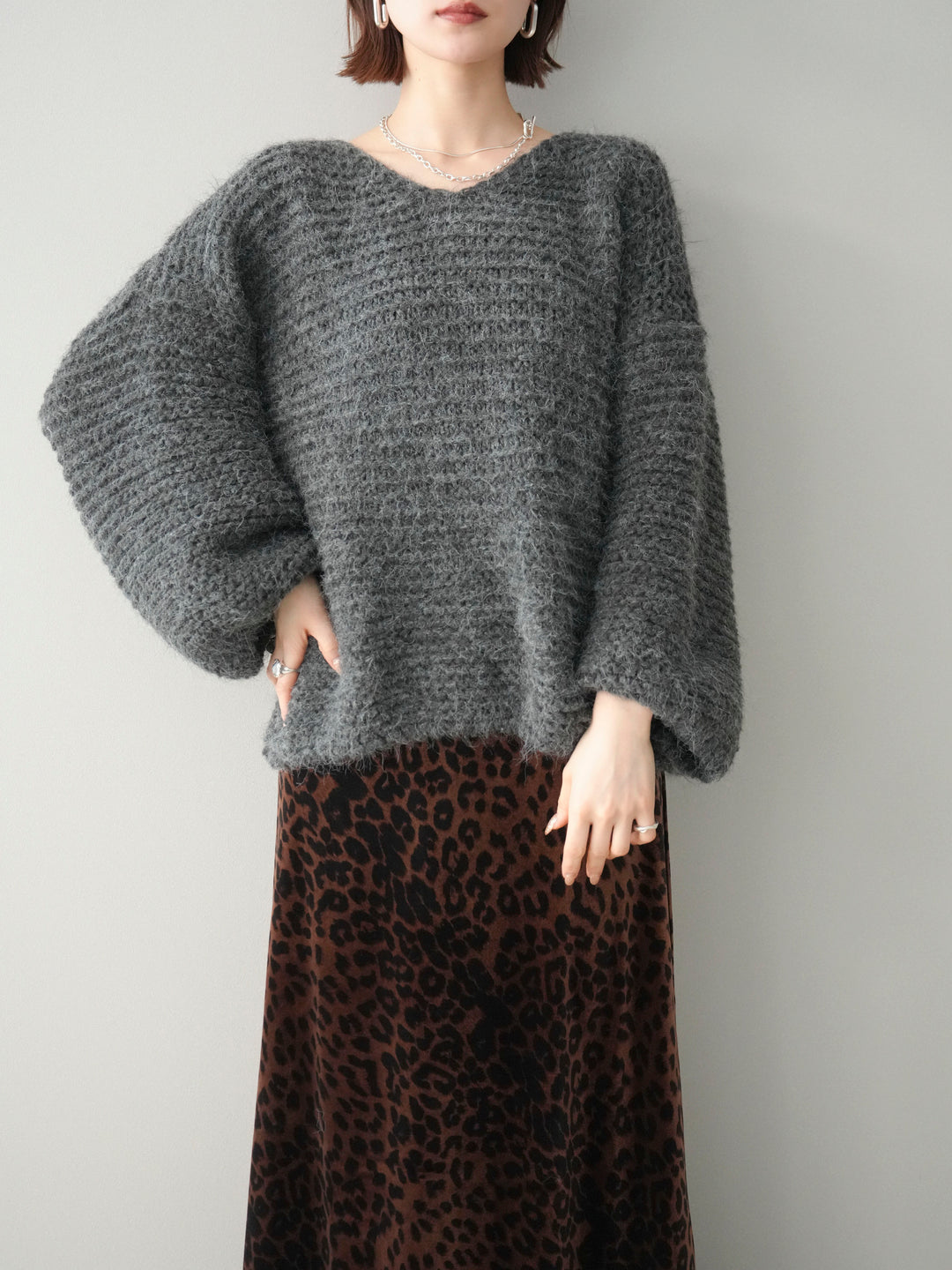 [SET]ワッフル編みシャギーニットプルオーバー+レオパードベロアナロースカート(2set)