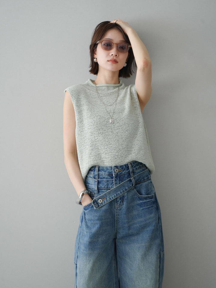 [予約]ノースリーブリネンタッチシアーニットプルオーバー/green