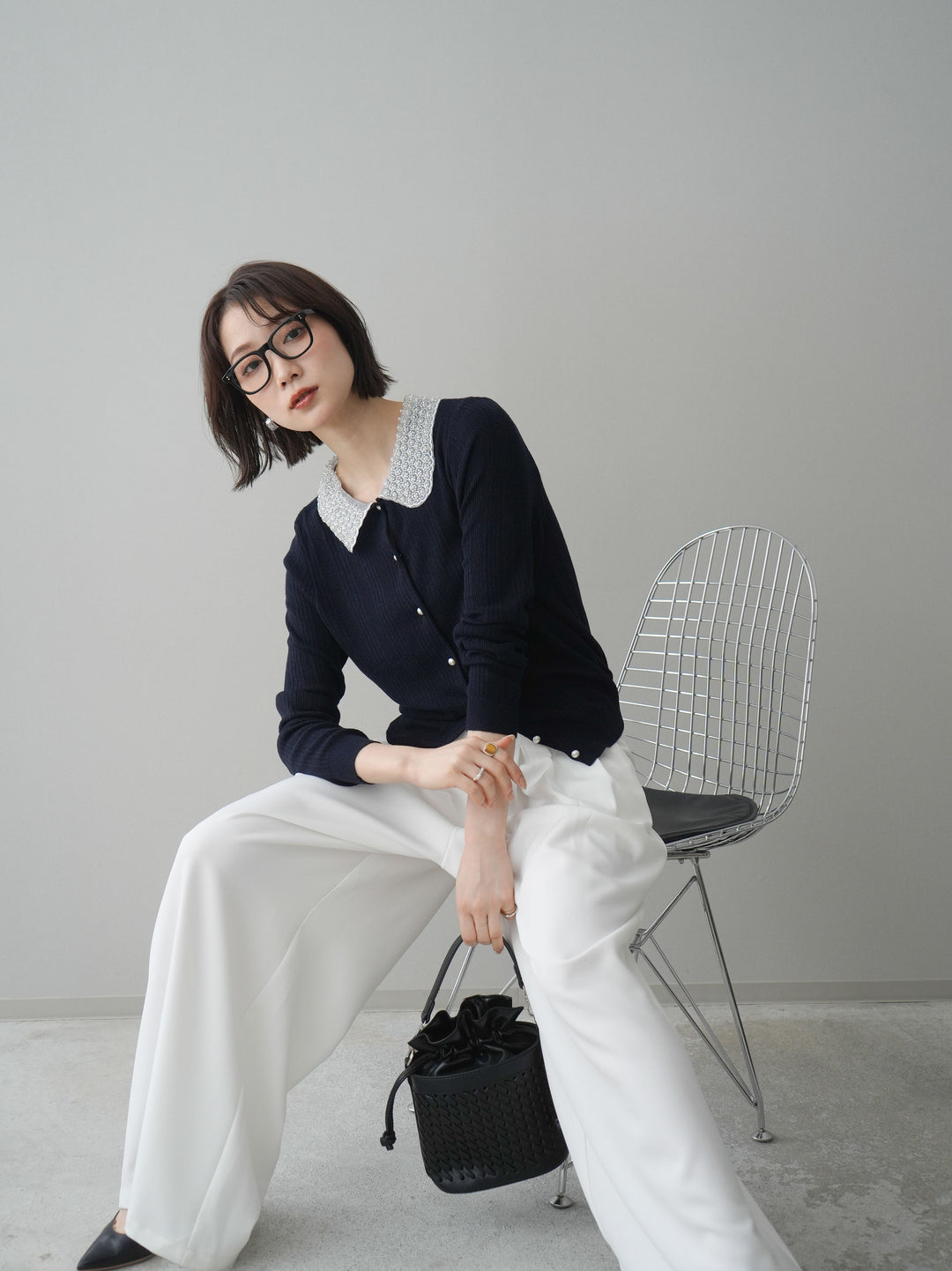 [SET]ビジュー襟パールボタンニットカーディガン+編み込みベルト付タックワイドパンツ(2set)