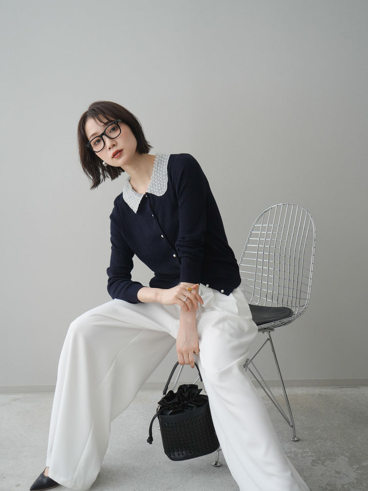 [SET]ビジュー襟パールボタンニットカーディガン+編み込みベルト付タックワイドパンツ(2set)