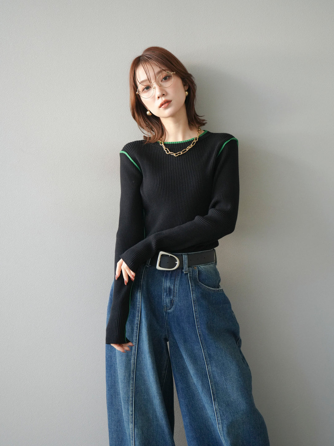 [予約]バイカラークルーネックリブニットトップス/black