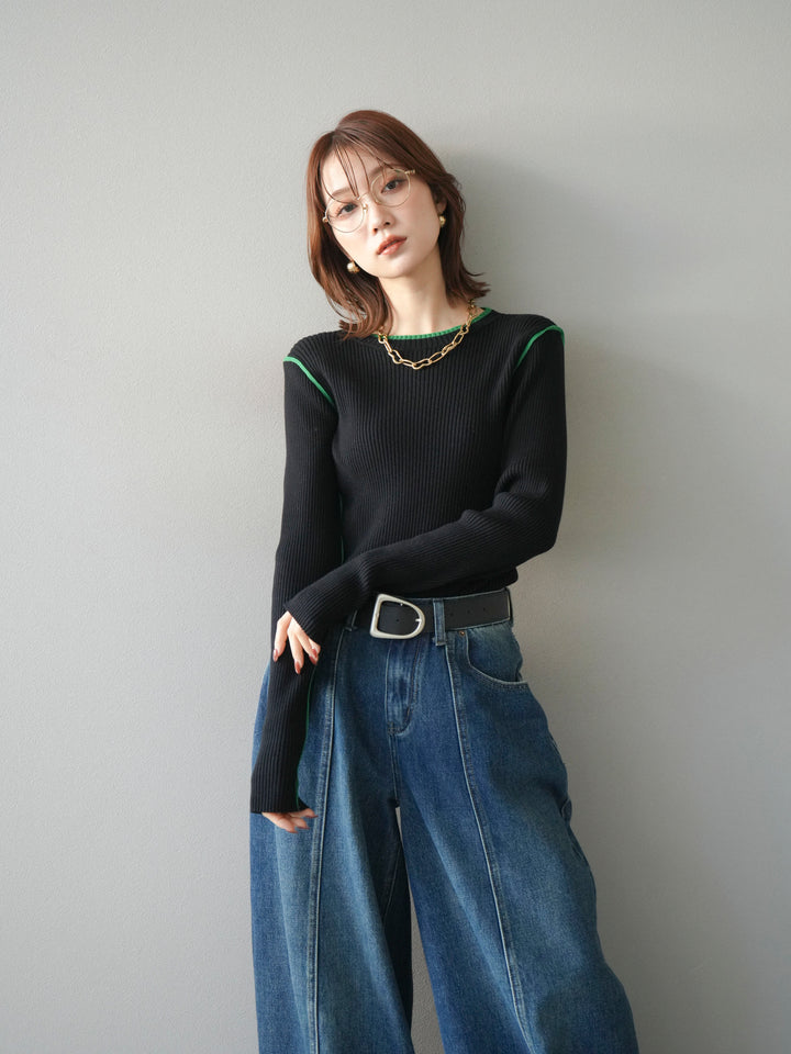 [予約]バイカラークルーネックリブニットトップス/black