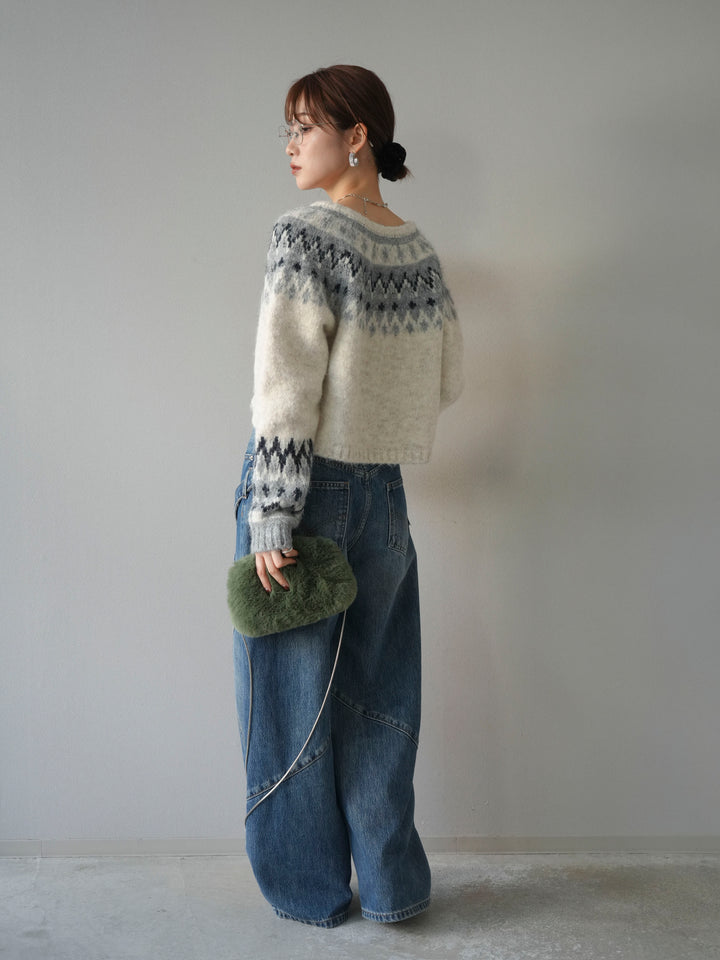 【着回しセット】[SET]求心柄クロップドニットカーディガン+ミックスヤーンペイズリー柄ニットカーディガン+ペインターカーブデニムパンツ(3set)